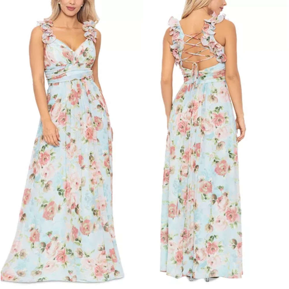 Betsy & Adam Light Blue Floral Ruffle-Shoulder Maxi Dress